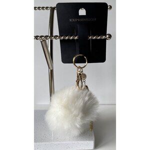 Expression White With Gold Accents Pom Pom Keychain Bag Charm Brand New